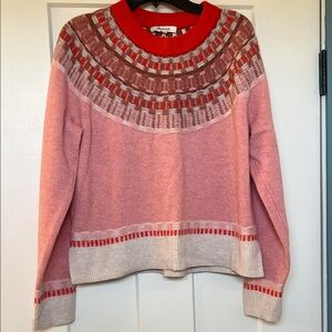 Madewell Fair Isle Sweater Pink Red Nordic Yoke Knit Cozy Crewneck Size M